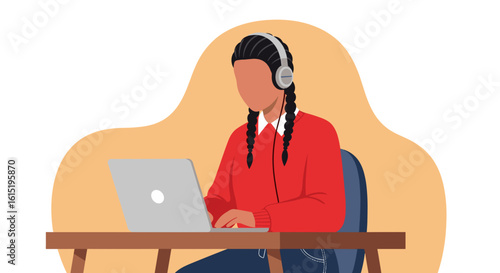 Young woman working from home, using laptop and headphones. Perfect for websites or blogs about remote work, technology, or education.
