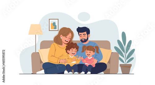 Happy family sitting on a couch, perfect for family blogs, websites or brochures.