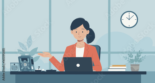 Smiling businesswoman at her desk working on laptop, perfect for website banners or business presentations.