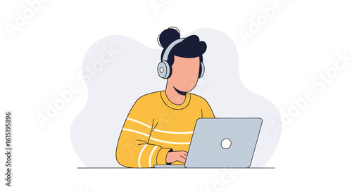 Person with headphones working on laptop, ideal for website banners or blog posts about remote work.