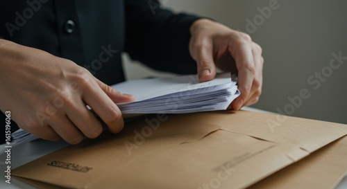 Person sorting through a stack of documents on top of large brown envelopes