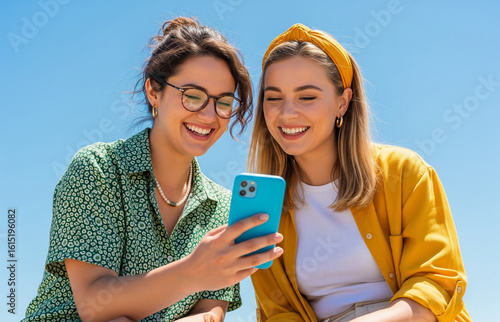 Two young women smile brightly while looking at a phone together under a clear and sunny blue sky.