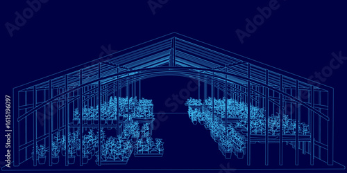 A greenhouse blueprint features neatly arranged potted plants inside, with a deep blue background highlighting the structure. The contour lines emphasize the greenhouse design.