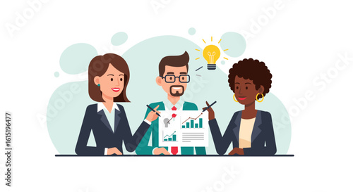 Diverse business team collaborating on a project, analyzing data and brainstorming ideas. Ideal for presentations, websites, and marketing materials.