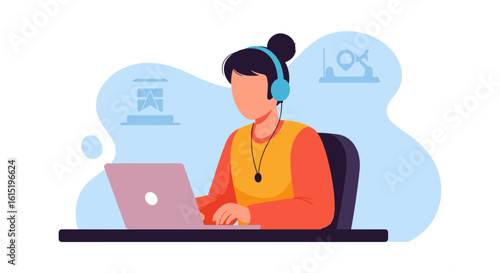 Woman working on laptop, wearing headphones, perfect for website banners or blog posts about remote work, online support, or customer service.