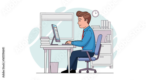 Businessman working at his desk, illustration perfect for website banners, presentations, or brochures.