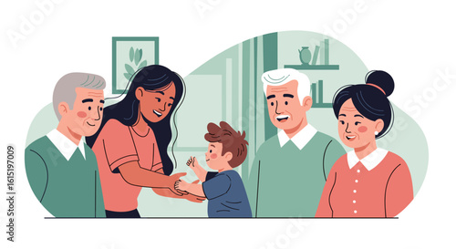 Happy multigenerational family interacting at home, perfect for family, heritage, and togetherness themes.