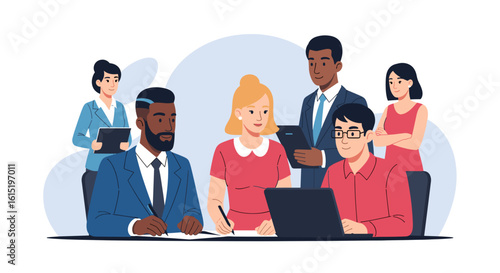 Diverse business team collaborating on a project, ideal for website banners or presentations.
