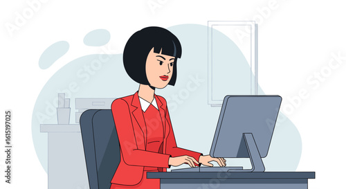 Businesswoman working on computer, ideal for website banners, presentations, and marketing materials.