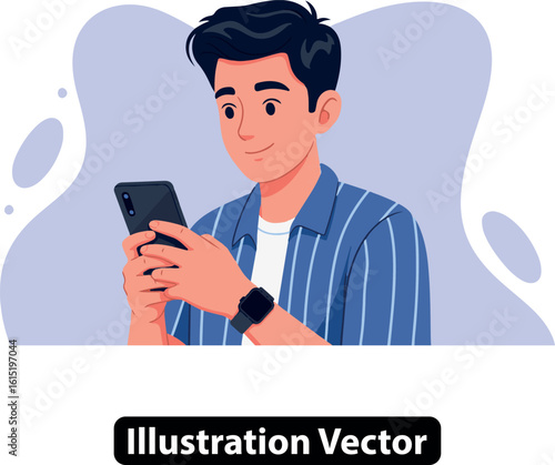 Smiling Man Using Smartphone Illustration