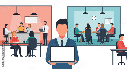 Business teamwork, office workers collaborating, perfect for landing pages or brochures.