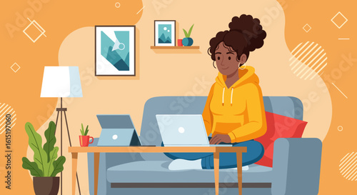 Woman working from home on laptop and tablet, perfect for remote work, freelance, or work-life balance concepts.