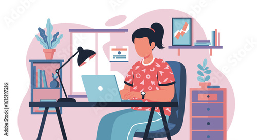 Young woman working from home on laptop, illustration perfect for blog posts or website banners about remote work.