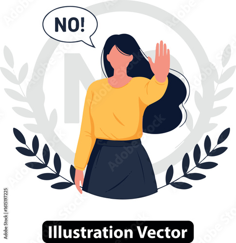 Assertive woman making a stop gesture with her hand, saying no. Concept of refusal and boundaries.