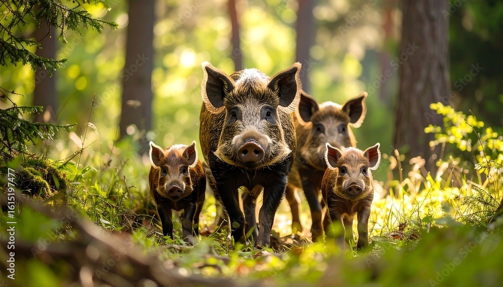 Wild boar family portrait in sun-dappled forest Wild boar family portrait in sun-dappled forest