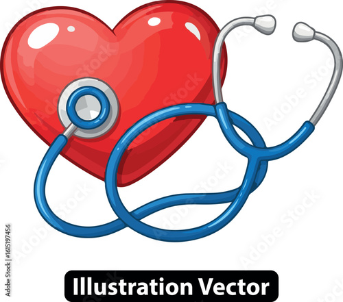 Cardiology healthcare concept with a blue stethoscope listening to a red heart symbol.