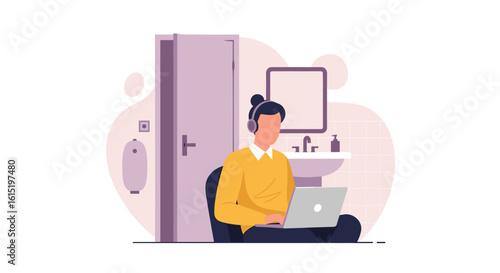 Person working on laptop in a bathroom, illustration for articles about work-life balance or remote work.