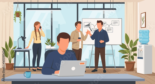 Modern office workers collaborating, perfect for website banners or brochures showcasing teamwork and productivity.