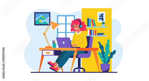 Happy woman working from home on laptop, perfect for remote work, freelance, or work-life balance website and blog designs.