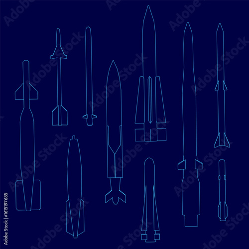 A set of various rockets with distinct warheads and projectiles arranged in a line against a blue background. The white contour of each rocket stands out sharply.