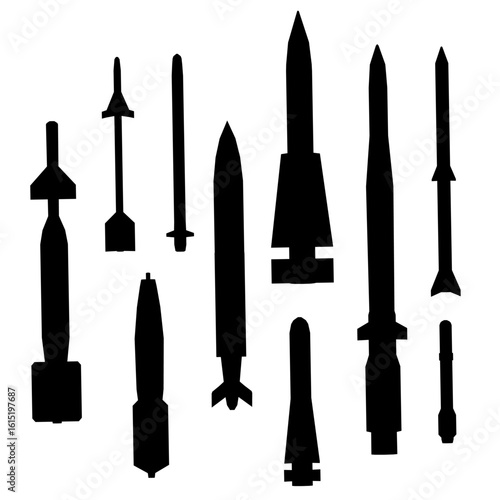 Black and white silhouettes of various missiles arranged in a clean set against a white background. Includes warheads and projectiles with sharp outlines. Ideal for military themes.