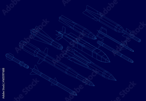 A set of missile warheads in wireframe blueprint style, arranged in a precise line on a deep blue background. Each projectile is clearly defined with clean white outlines.