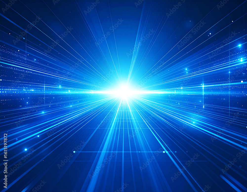 Fototapeta premium Digital Data Stream Exploding with Brilliant Blue Light and Particles Accelerating Towards a Central Point