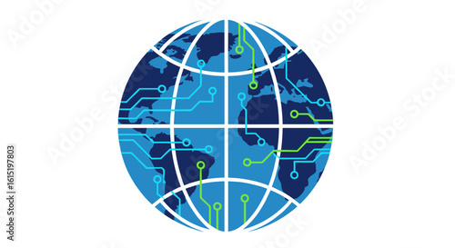 A striking vector illustration depicts a global network with integrated circuit board lines, symbolizing worldwide technological innovation and digital connectivity.