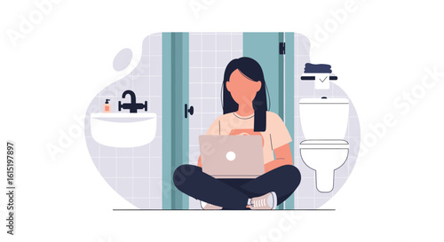 Woman working on laptop in bathroom - perfect for articles on remote work, work-life balance, or unusual workspaces.