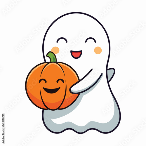 Minimalist Ghost Hugging an Orange Pumpkin