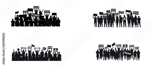 Cheering Crowd Silhouette with Placards and Flags – 14 August Freedom Vector

