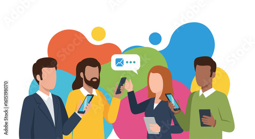 Diverse group of people using smartphones and tablets, perfect for website banners or social media posts.