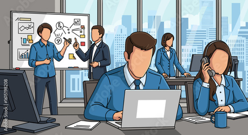 Diverse business team collaborating in a modern office, perfect for website banners or presentations.