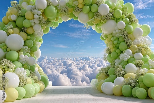 Green and white balloons forming an arch overhead, leaving a blank space below for celebration messages