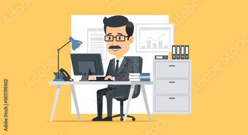Businessman working at his desk, perfect for website banners or business presentations.