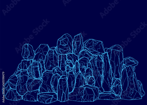 A blue line drawing of rugged rock formations stands out against a dark blue background. White contours sharply define the stone shapes, creating striking contrast.