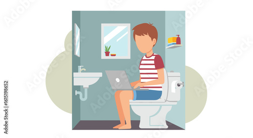Illustration of a person working on a laptop while sitting on a toilet, perfect for articles about work-life balance or humor.