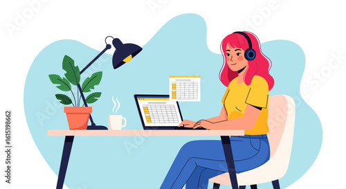 Young woman working from home on laptop, perfect for remote work or freelance lifestyle blogs.