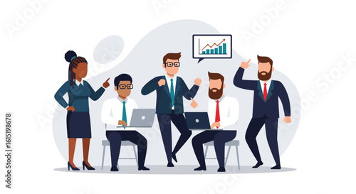 Diverse business team collaborating on project with upward trending graph, ideal for presentations and reports.