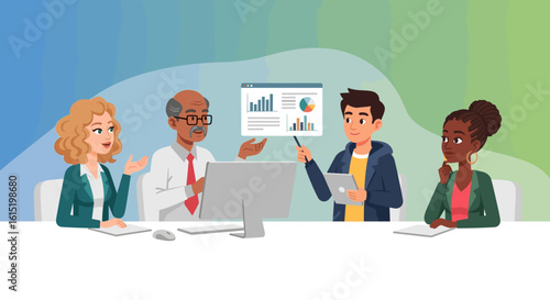 Diverse team brainstorming, sharing ideas and data during a business meeting. Perfect for presentations about teamwork, collaboration, or strategy.