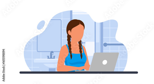 Woman working on laptop in bathroom - perfect for blog post, website or social media.
