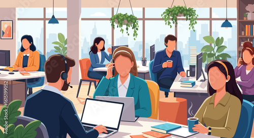 Diverse team of professionals working in a modern, open-plan office, ideal for website banners or corporate brochures.