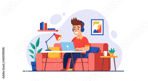 Happy man working from home on laptop, perfect for remote work, freelance, or home office concepts.