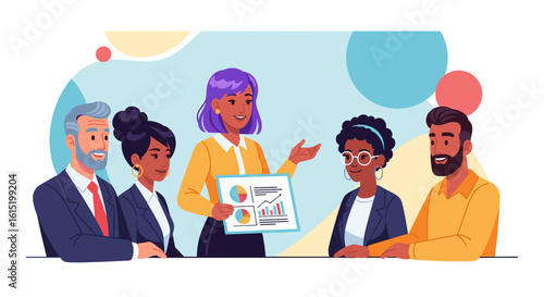 Diverse business team in meeting, reviewing data. Ideal for presentations on teamwork, collaboration, and data analysis.