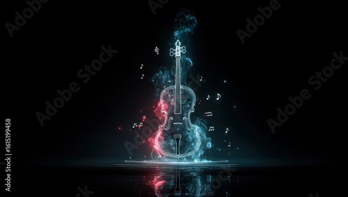 Ethereal Violin. Glowing violin outline against a dark background. Red and blue smoke-like effects emit from the instrument, with music notes floating. Surface below reflects the colors