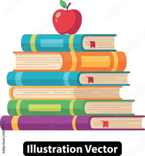 A tall stack of colorful textbooks with a bright red apple on top as a symbol for education