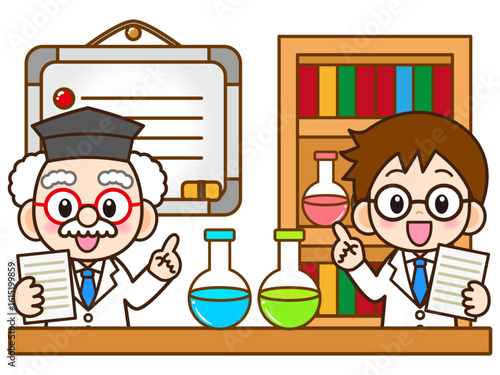 理科の授業で実験の説明をする博士と助手のイラスト素材