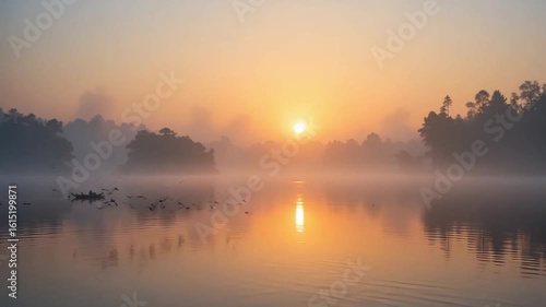 Glowing Sunrise Over Misty Lake with Birds and Peaceful Reflections