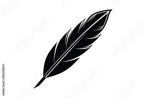 A detailed black silhouette of a quill pen feather with delicate lines isolated on a clean white background isolated on white background