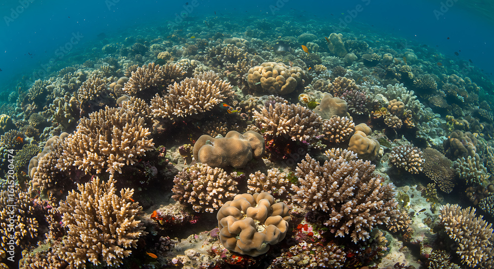 Fototapeta premium Capture the vibrant, colorful life of a coral reef from an underwater view. Highlight textures, clarity, and biodiversity.